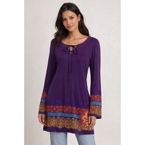 Johnny Was Purple Embroidered Tunic Boho Small Bell Sleeve Cotton Mini Dress